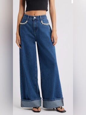Wide Leg Dark Blue Denim Jeans with Embellished Pockets